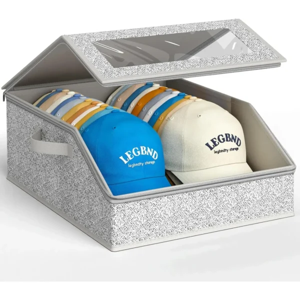 Hat Storage Box with Clear Window - Foldable Cap Organizer for Baseball Caps & Accessories