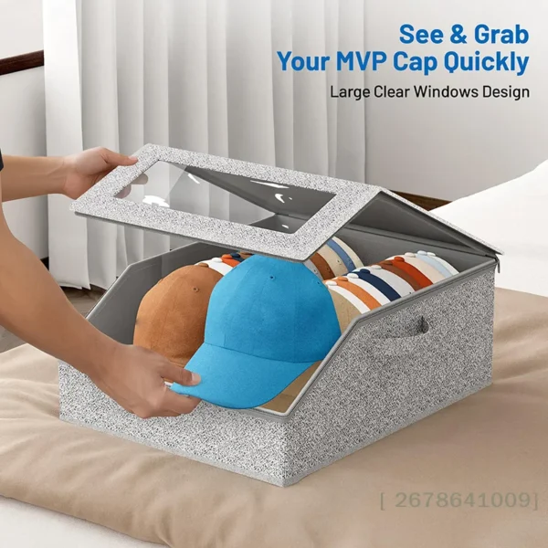 Hat Storage Box with Clear Window - Foldable Cap Organizer for Baseball Caps & Accessories
