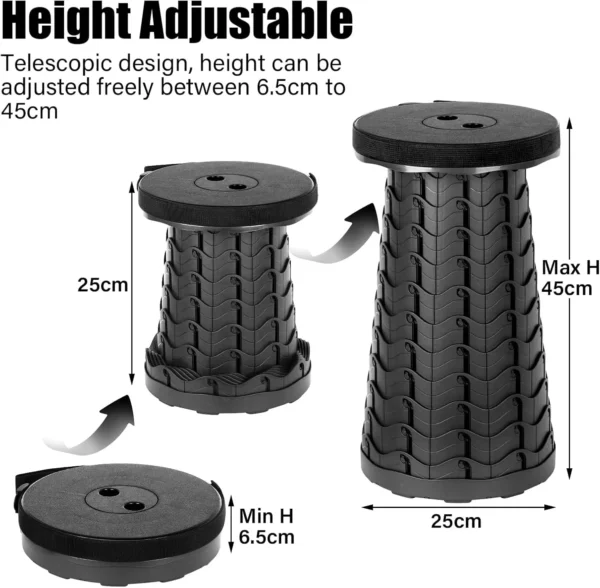 Adjustable Folding Stool 6.5-45cm - Lightweight Portable Camping Stool for Outdoor Fishing, BBQ & Travel, Supports 397lb/180kg