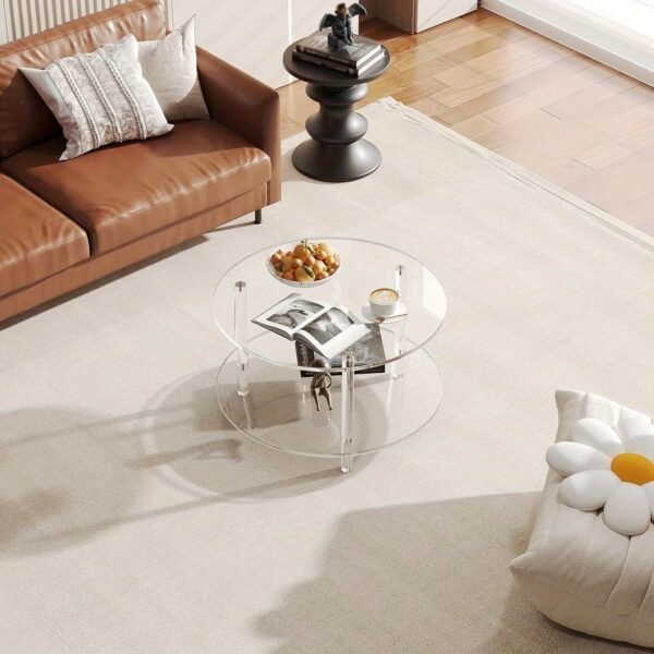 Transparent Acrylic Round Coffee Table, 15.74 Inches (Approx. 40Cm) Wide Modern Side Table with Storage Shelf, 2-Tier Circular Center Table