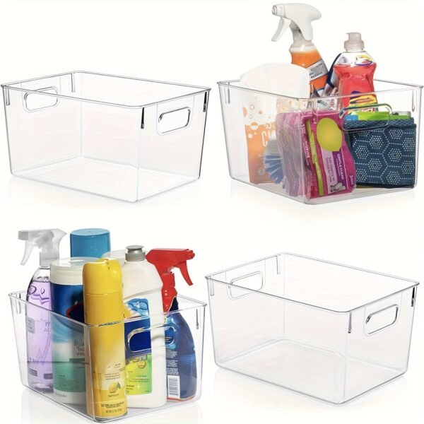 4pcs Clear Plastic Storage Bins, Pantry Organizers and Storage Containers Fridge Organizer Bins Kitchen Cabinet Organizer Cabinet Organizer Bin