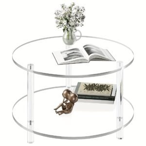 Transparent Acrylic Round Coffee Table, 15.74 Inches (Approx. 40Cm) Wide Modern Side Table with Storage Shelf, 2-Tier Circular Center Table