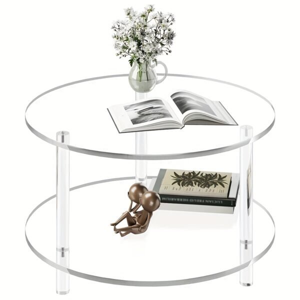 Transparent Acrylic Round Coffee Table, 15.74 Inches (Approx. 40Cm) Wide Modern Side Table with Storage Shelf, 2-Tier Circular Center Table