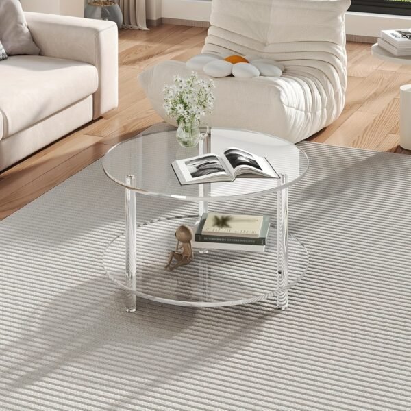 Transparent Acrylic Round Coffee Table, 15.74 Inches (Approx. 40Cm) Wide Modern Side Table with Storage Shelf, 2-Tier Circular Center Table